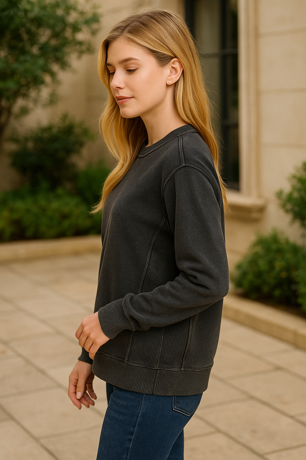 Zenana Black Acid Washed Fleece Sweatshirt with Side Rib
