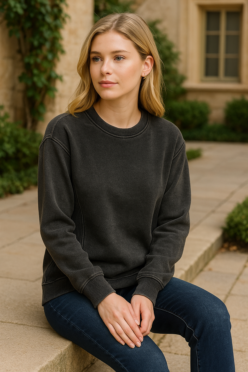Zenana Black Acid Washed Fleece Sweatshirt with Side Rib