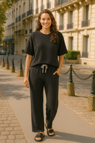 Zenana Black Raised Rib Short Sleeve Tee & Pants Set BLACK