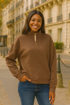 Zenana Brown Fleece Half Zip Sweatshirt BROWN