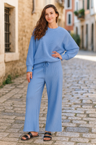 Zenana Cornflower Blue Ribbed Round Neck Pullover and Drawstring Pants Set CORNFLOWER BLUE