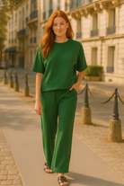 Zenana Dark Green Ribbed Round Neck Short Sleeve Tee & Pants Set DK GREEN