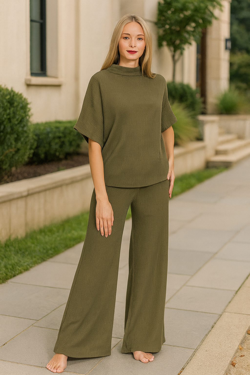 Zenana Dark Olive Mock Neck Top and Pants Sweater Set DK OLIVE
