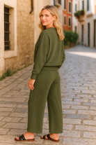 Zenana Dark Olive Ribbed Round Neck Pullover and Drawstring Pants Set