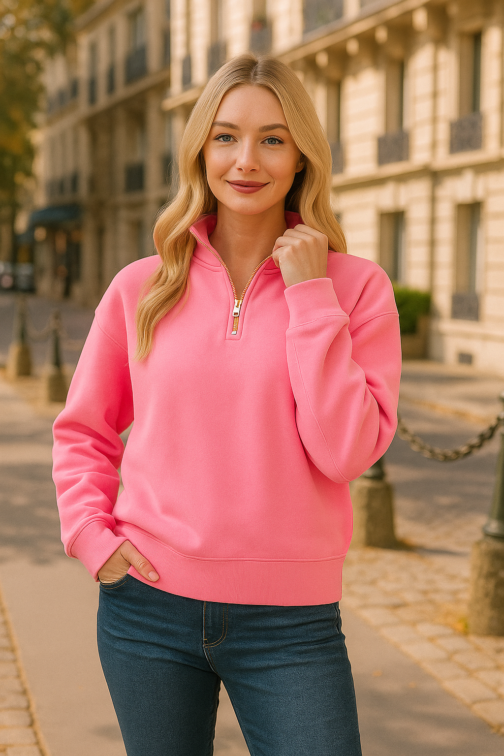 Zenana Dark Pink Fleece Half Zip Sweatshirt