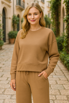 Zenana Deep Camel Ribbed Round Neck Pullover and Drawstring Pants Set