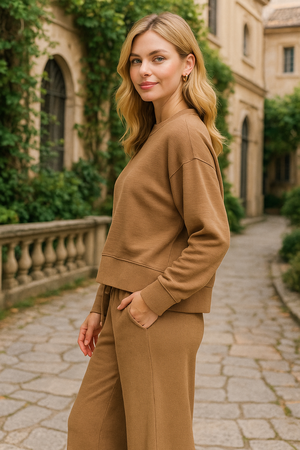 Zenana Deep Camel Ribbed Round Neck Pullover and Drawstring Pants Set DEEP CAMEL