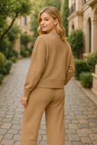 Zenana Deep Camel Ribbed Round Neck Pullover and Drawstring Pants Set
