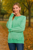 Zenana Kelly Green Washed Halo Snow French Terry Round Neck Sweatshirt K GREEN