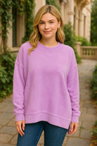 Zenana Lavender Acid Washed Double Ribbed Hi-low Sweatshirt LAVENDER
