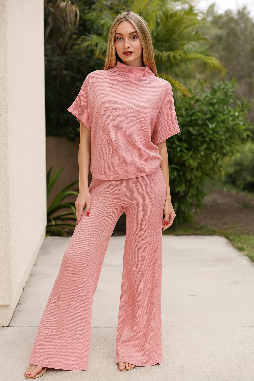 Zenana Light Rose Sweater Mock Neck Top & Long Pants Set LT ROSE
