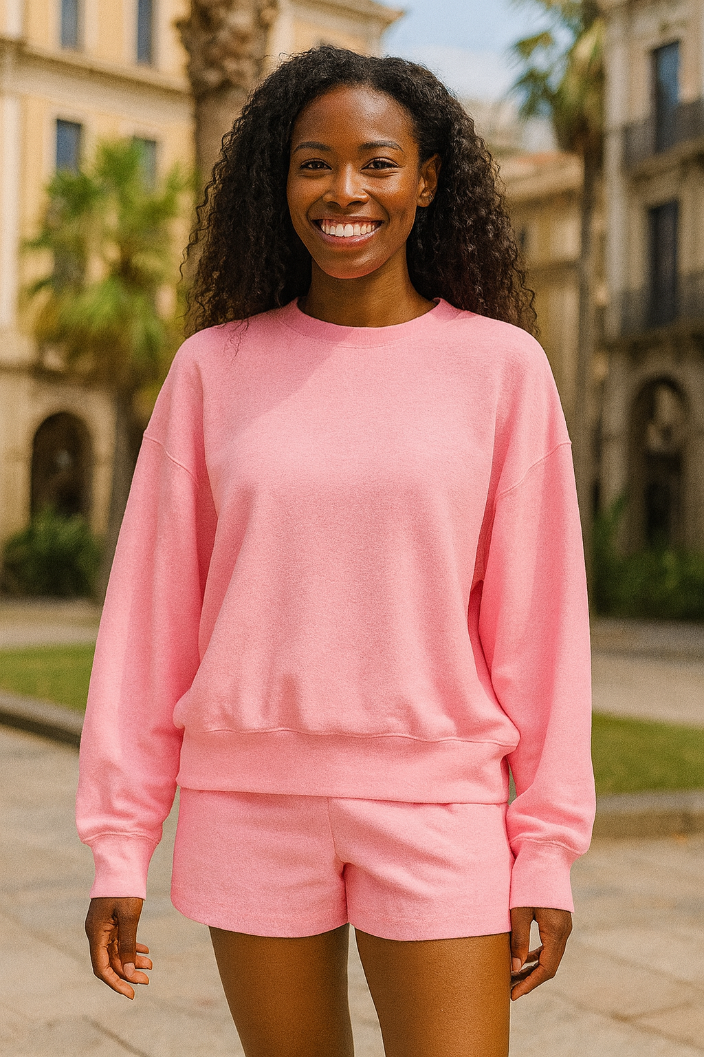 Zenana Dark Pink Slub Long Sleeve Top and Shorts Set DK PINK