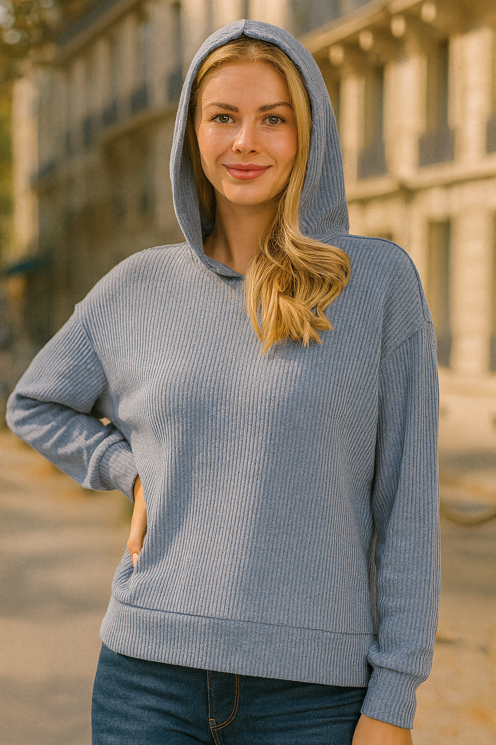 Zenana Dusty Blue Ribbed Long Sleeve Hoodie DUSTY BLUE
