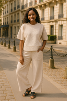 Zenana Sand Beige Ribbed Round Neck Short Sleeve Tee & Pants Set SAND BEIGE