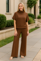 Zenana Brown Sweater Mock Neck Top & Long Pants Set BROWN