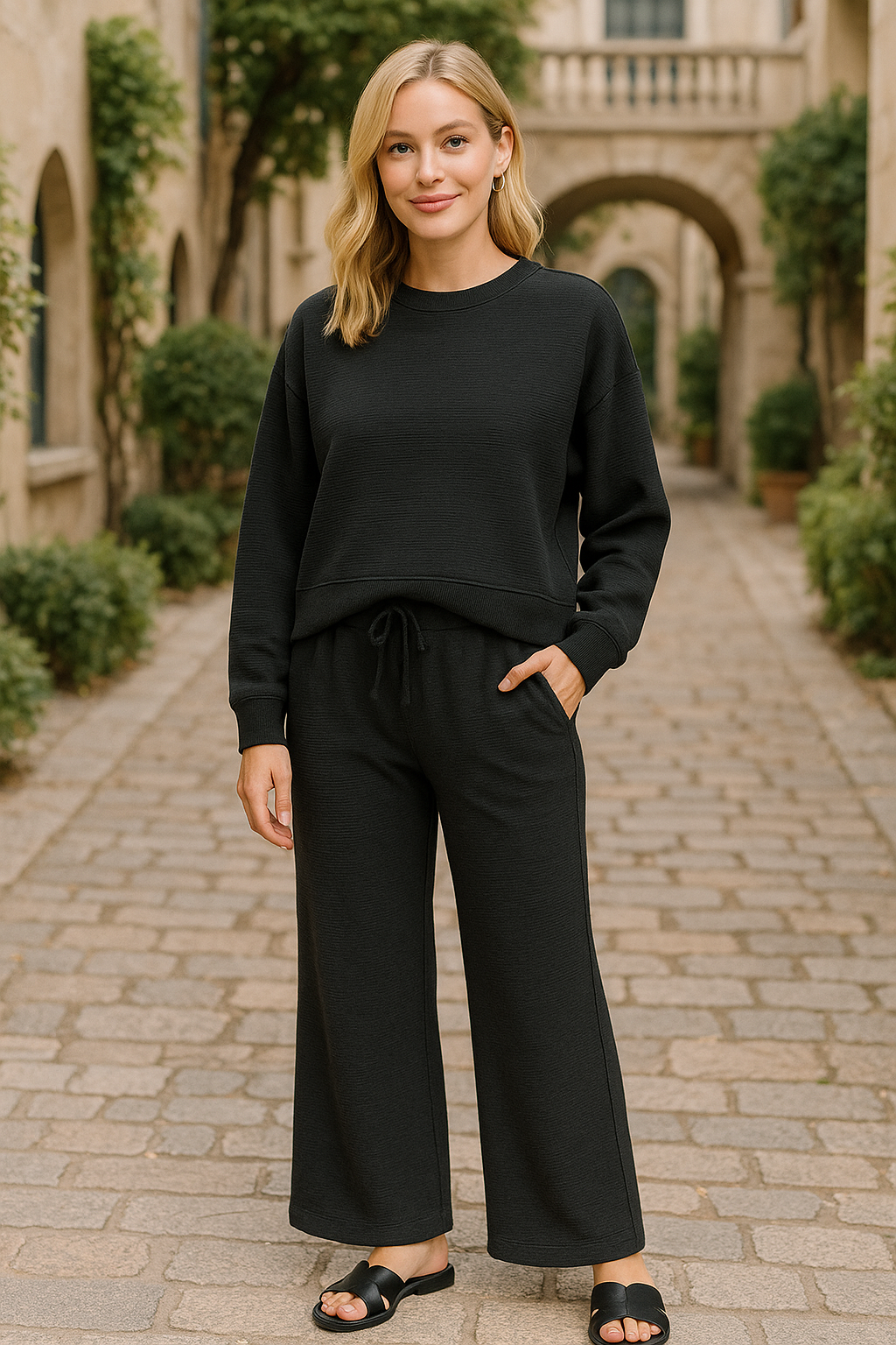 Zenana Black Ribbed Round Neck Pullover and Drawstring Pants Set BLACK