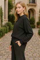 Zenana Black Ribbed Round Neck Pullover and Drawstring Pants Set