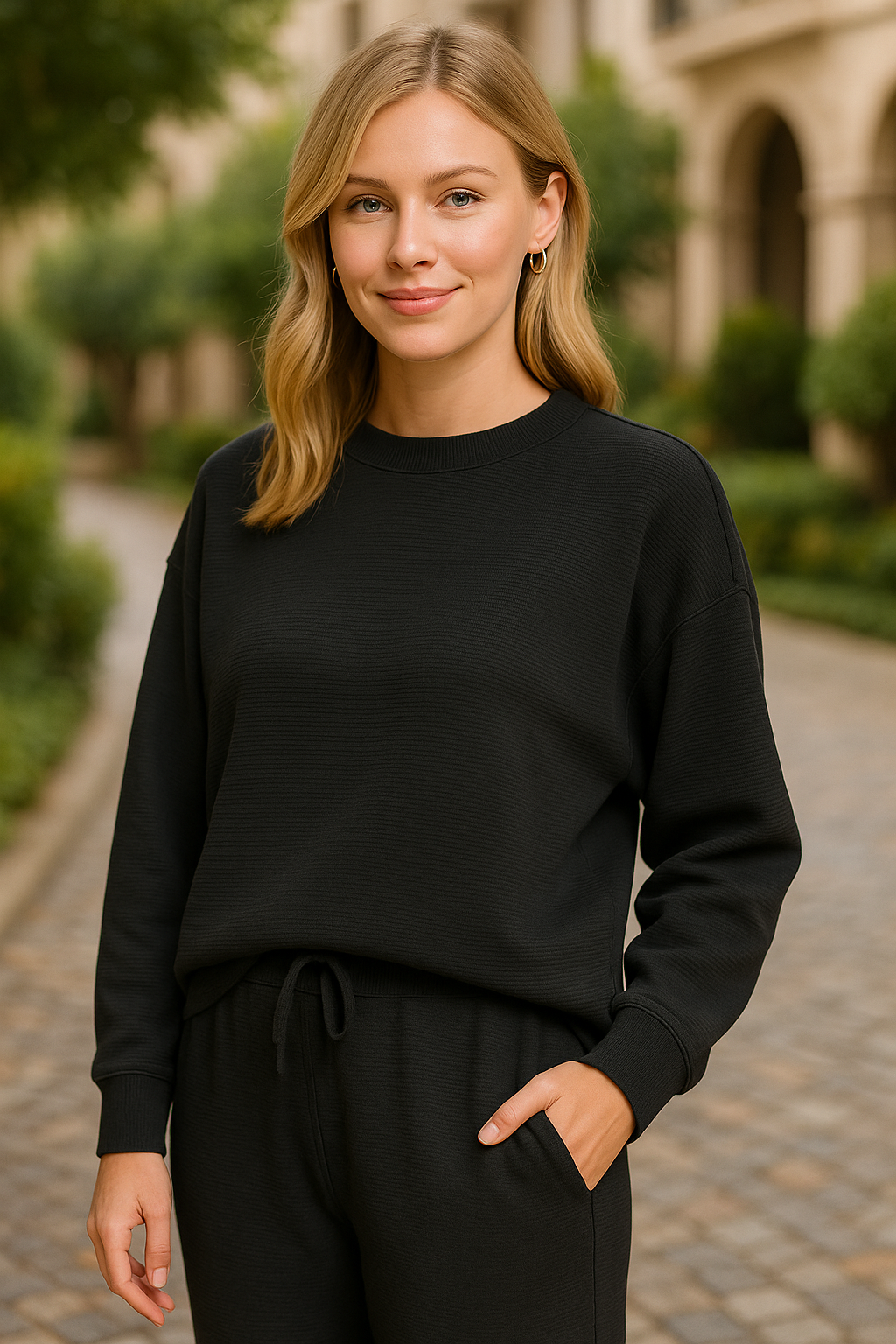 Zenana Black Ribbed Round Neck Pullover and Drawstring Pants Set