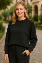 Zenana Black Ribbed Round Neck Pullover and Drawstring Pants Set