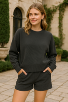 Zenana Black Ribbed Round Neck Pullover and Shorts Set BLACK