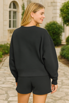 Zenana Black Ribbed Round Neck Pullover and Shorts Set