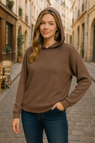 Zenana Brown Ribbed Long Sleeve Hoodie