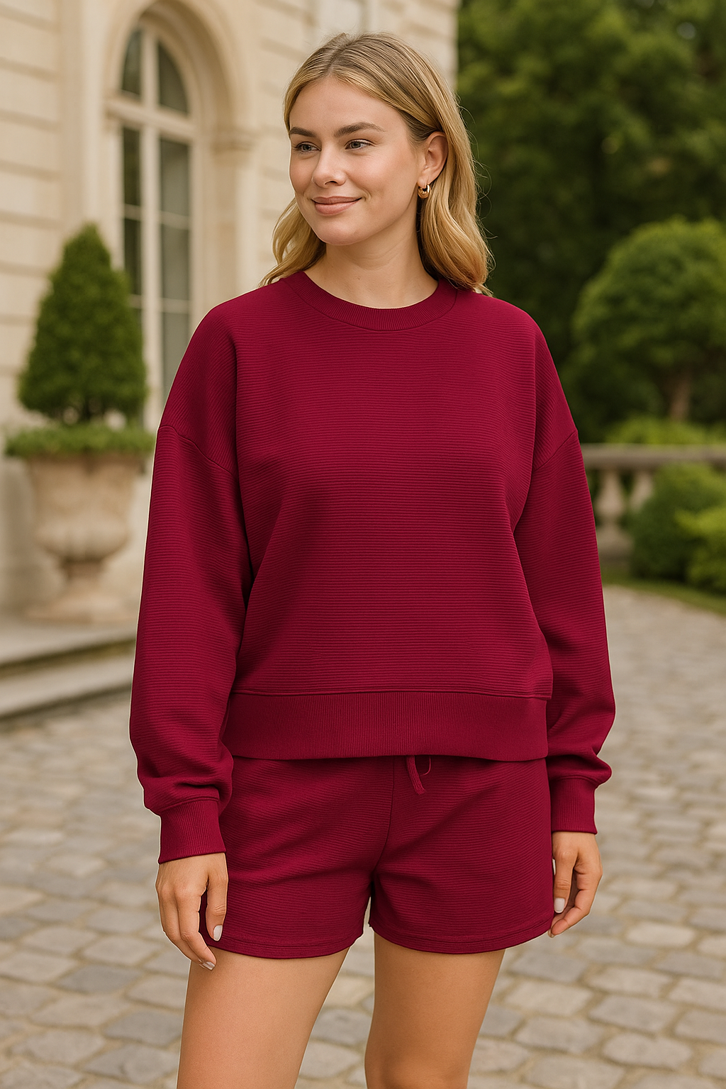 Zenana Cabernet Ribbed Round Neck Pullover and Shorts Set CABERNET