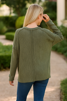 Zenana Dark Olive Exposed Seam Long Sleeve Corded Rib Knit Top