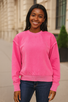 Zenana Hot Pink Soft Fleece Pigment Dye Round Neck Pullover HOT PINK
