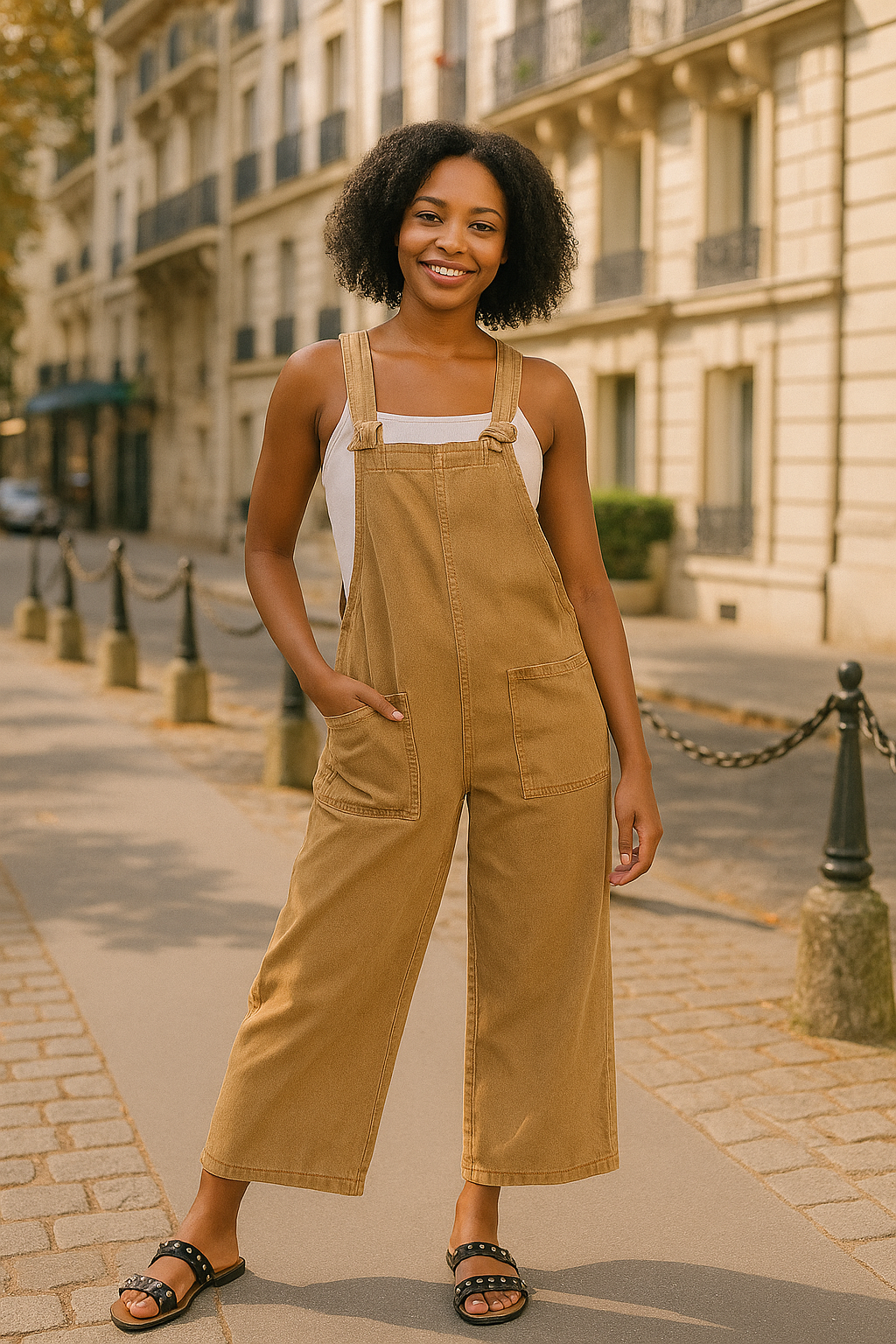 Zenana Light Camel Washed Knot Strap Pockets Jumpsuit