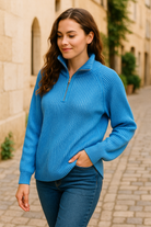 Zenana OCEAN BLUE/SKY BLUE Ribbed Two Tone Half Zip Sweater OCEAN BLUE SKY BLUE