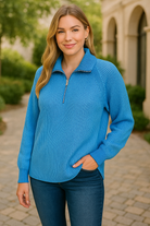 Zenana OCEAN BLUE/SKY BLUE Ribbed Two Tone Half Zip Sweater