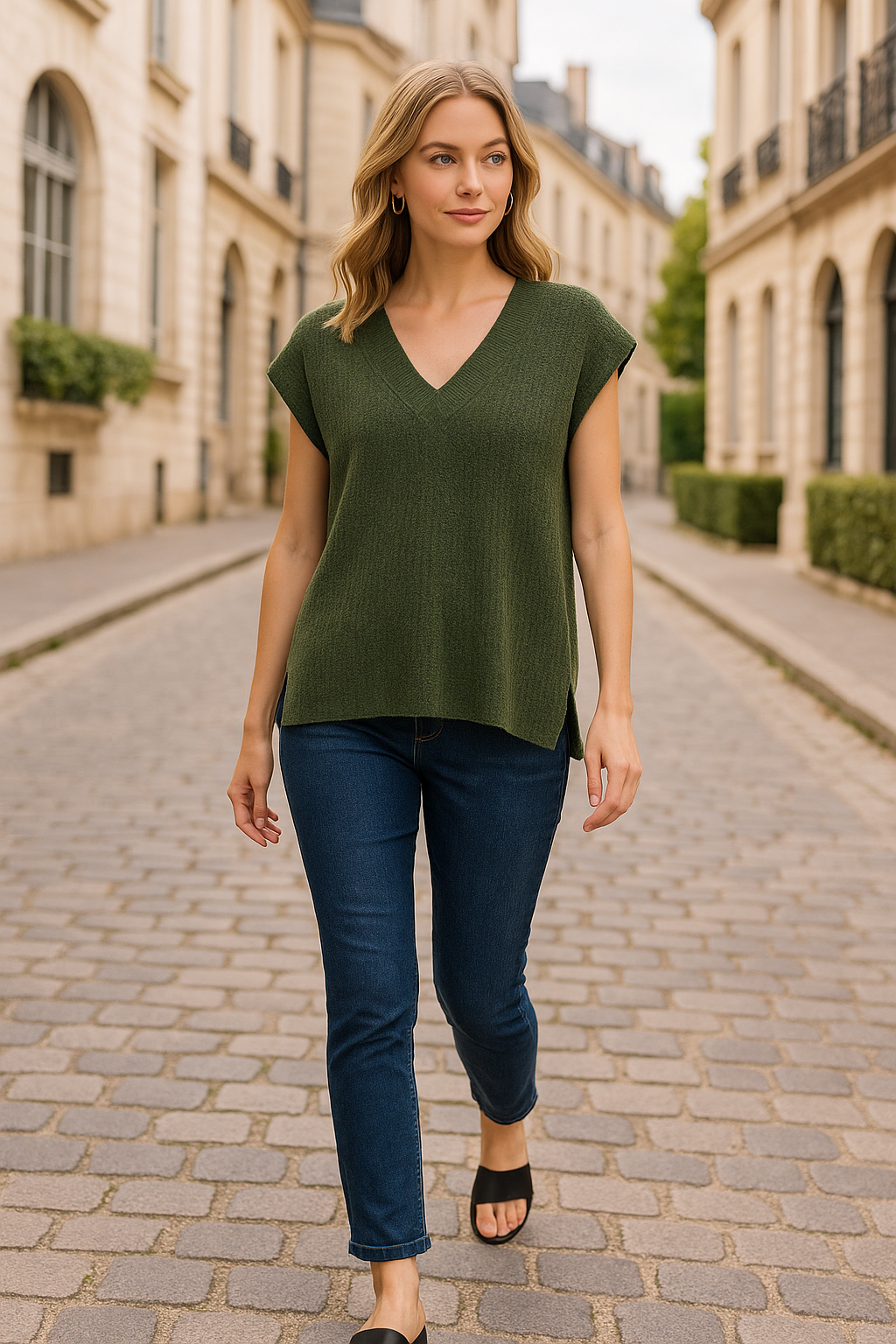 Zenana Dark Olive Ribbed Slit V-Neck Sweater Vest