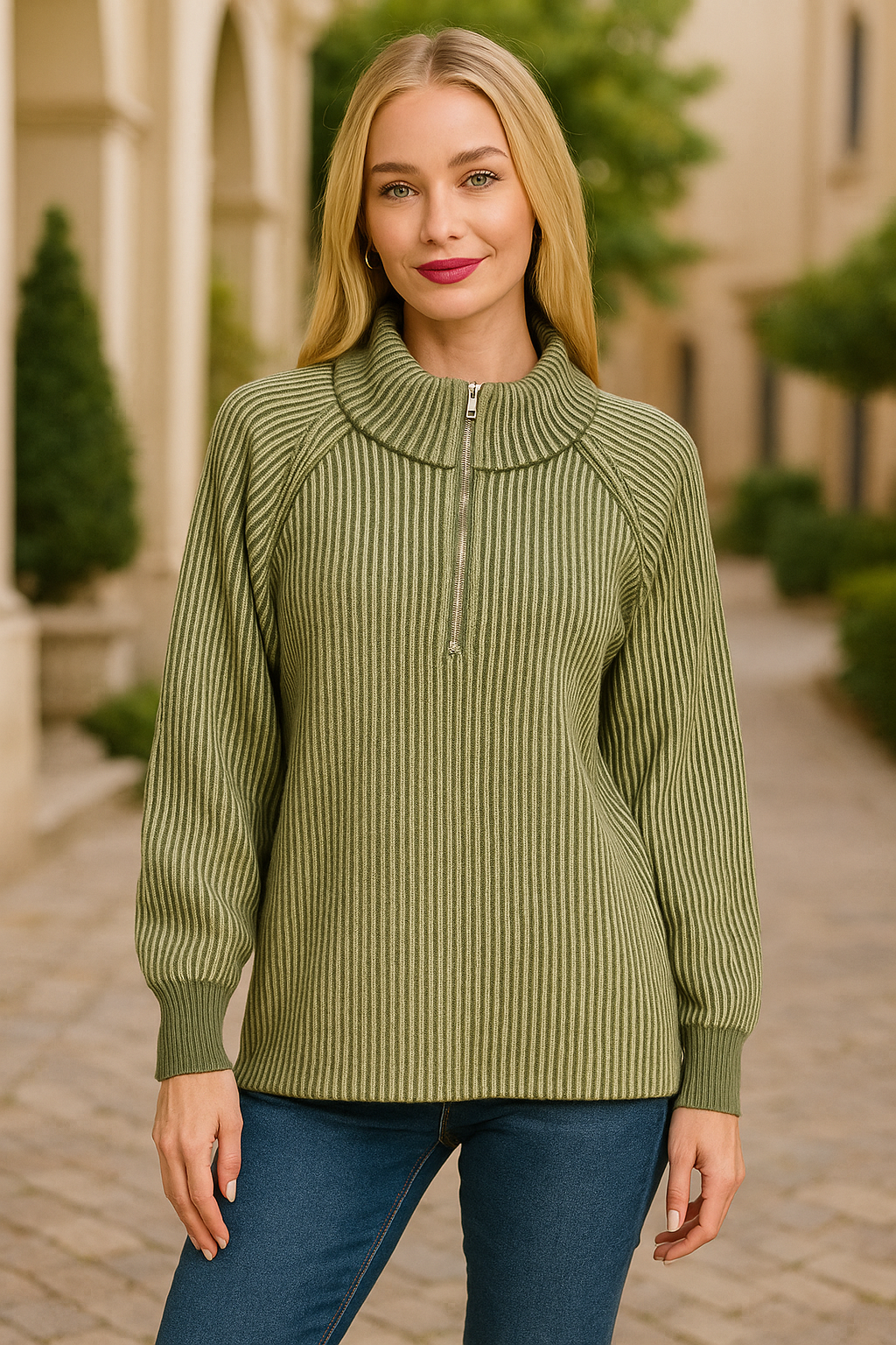Zenana Ribbed Two Tone Half Zip Sweater in Dark Olive DK OLIVE