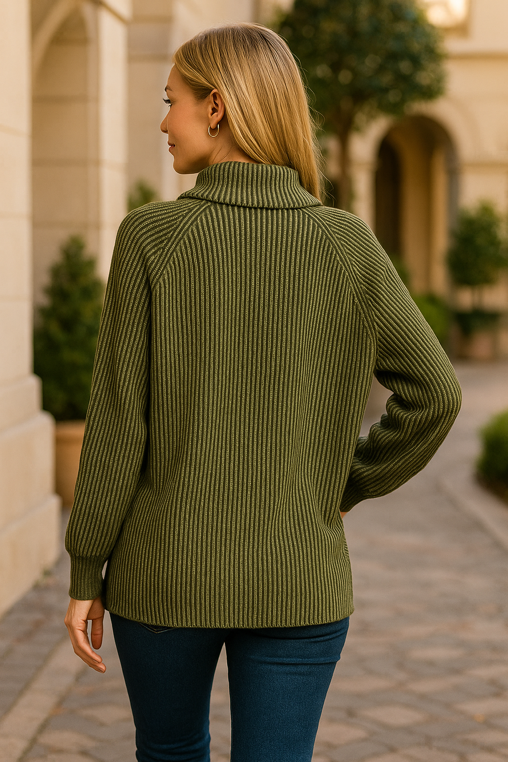 Zenana Ribbed Two Tone Half Zip Sweater in Dark Olive