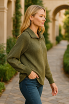 Zenana Ribbed Two Tone Half Zip Sweater in Dark Olive