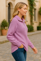 Zenana Ribbed Two-Tone Half Zip Sweater — Violet/Lavender B VIOLET LAVENDER