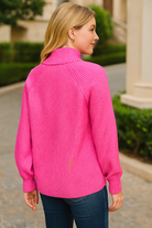 Zenana Ribbed Two-Tone Half Zip Sweater in Hot Pink/Candy Pink