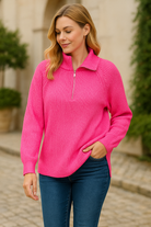 Zenana Ribbed Two-Tone Half Zip Sweater in Hot Pink/Candy Pink