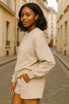 Zenana Sand Beige Ribbed Round Neck Pullover and Shorts Set SAND BEIGE