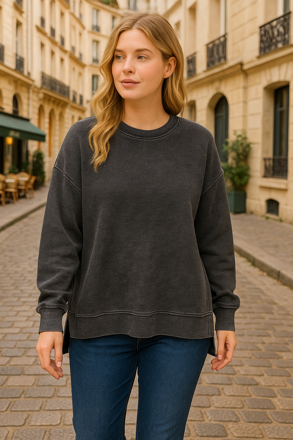 Zenana Black Acid Washed Double Ribbed Hi-low Sweatshirt BLACK
