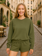 Zenana Dark Olive Fleece Long Sleeve Sweatshirts & Shorts Set DK OLIVE