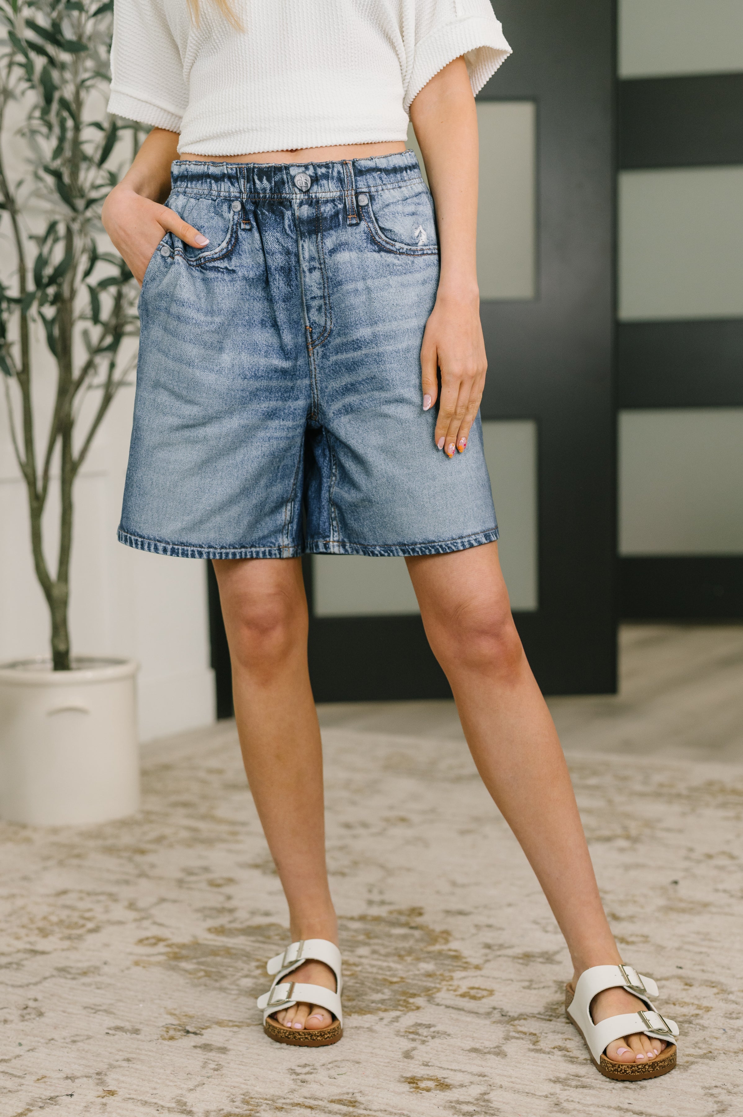 Zenim Printed High Waisted Shorts in Classic Denim Womens