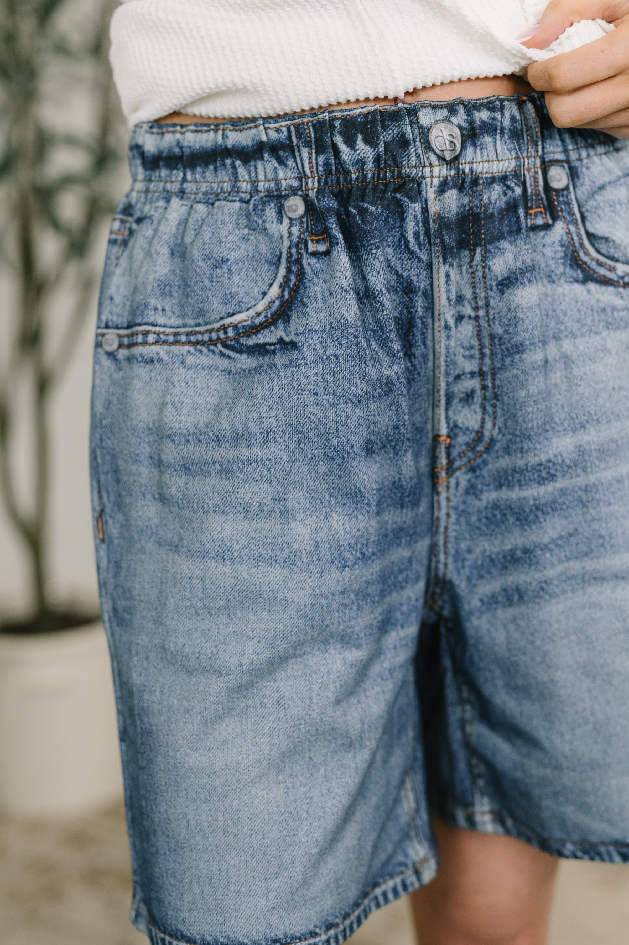 Zenim Printed High Waisted Shorts in Classic Denim Womens