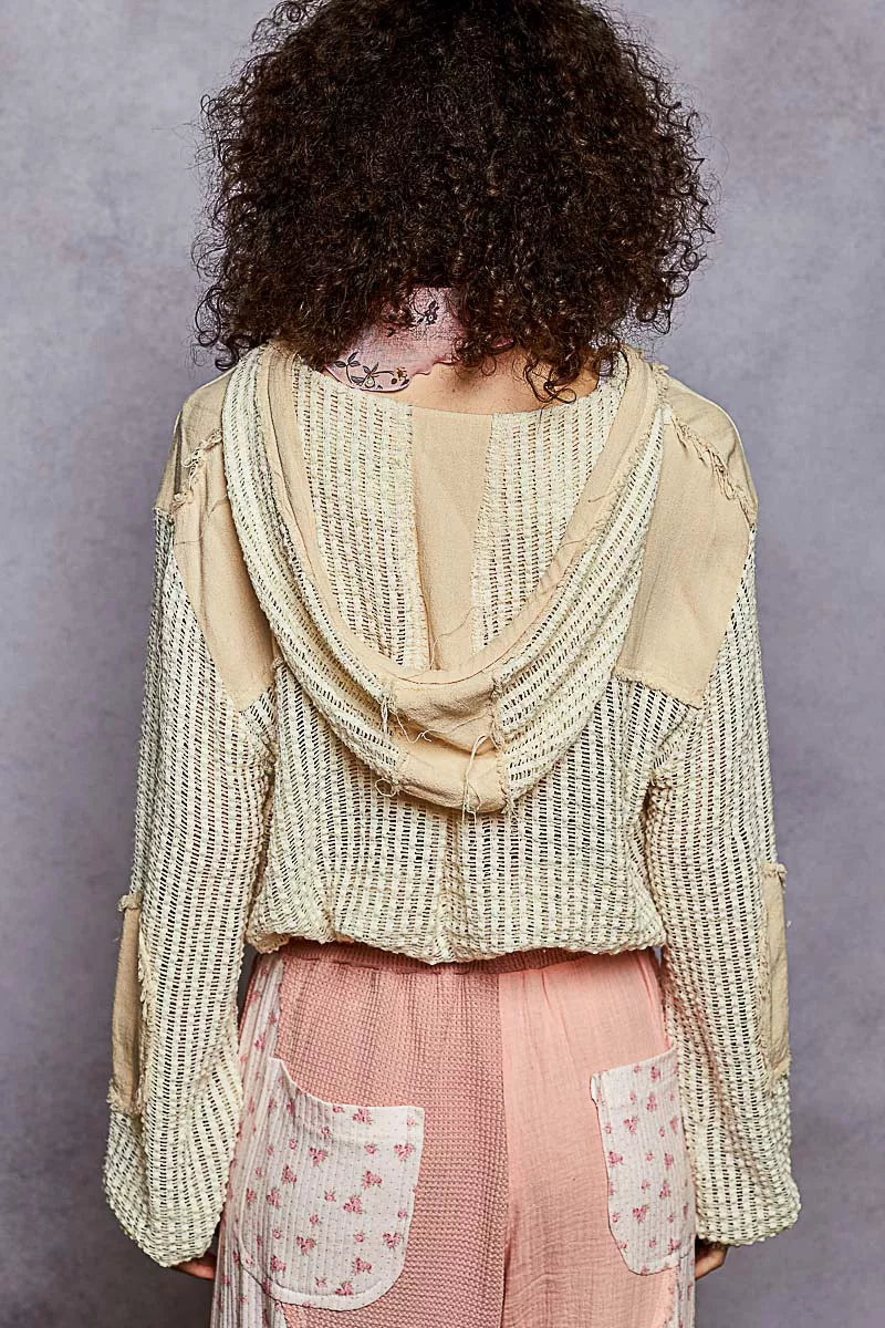 POL Cream Multi Texture Woven Button Down Hooded Shirt with Drawstring Hem