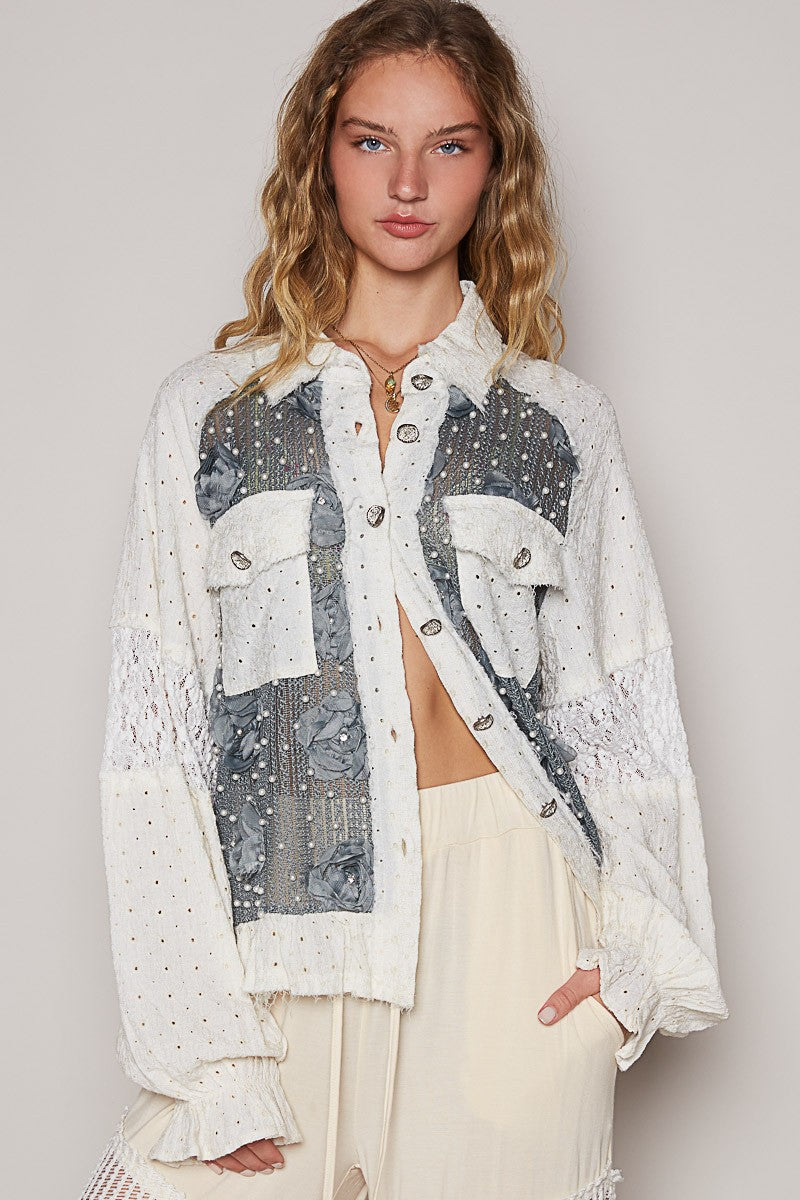 POL Eyelet Flower Pearl Detail Lace Patchwork Shirt in Charcoal and Cream Charcoal Cream Shirts & Tops