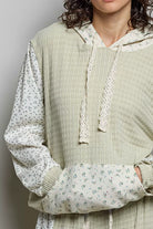 POL Sage Mixed Knit Contrast Print Sleeve Hoodie with Kangaroo Pocket