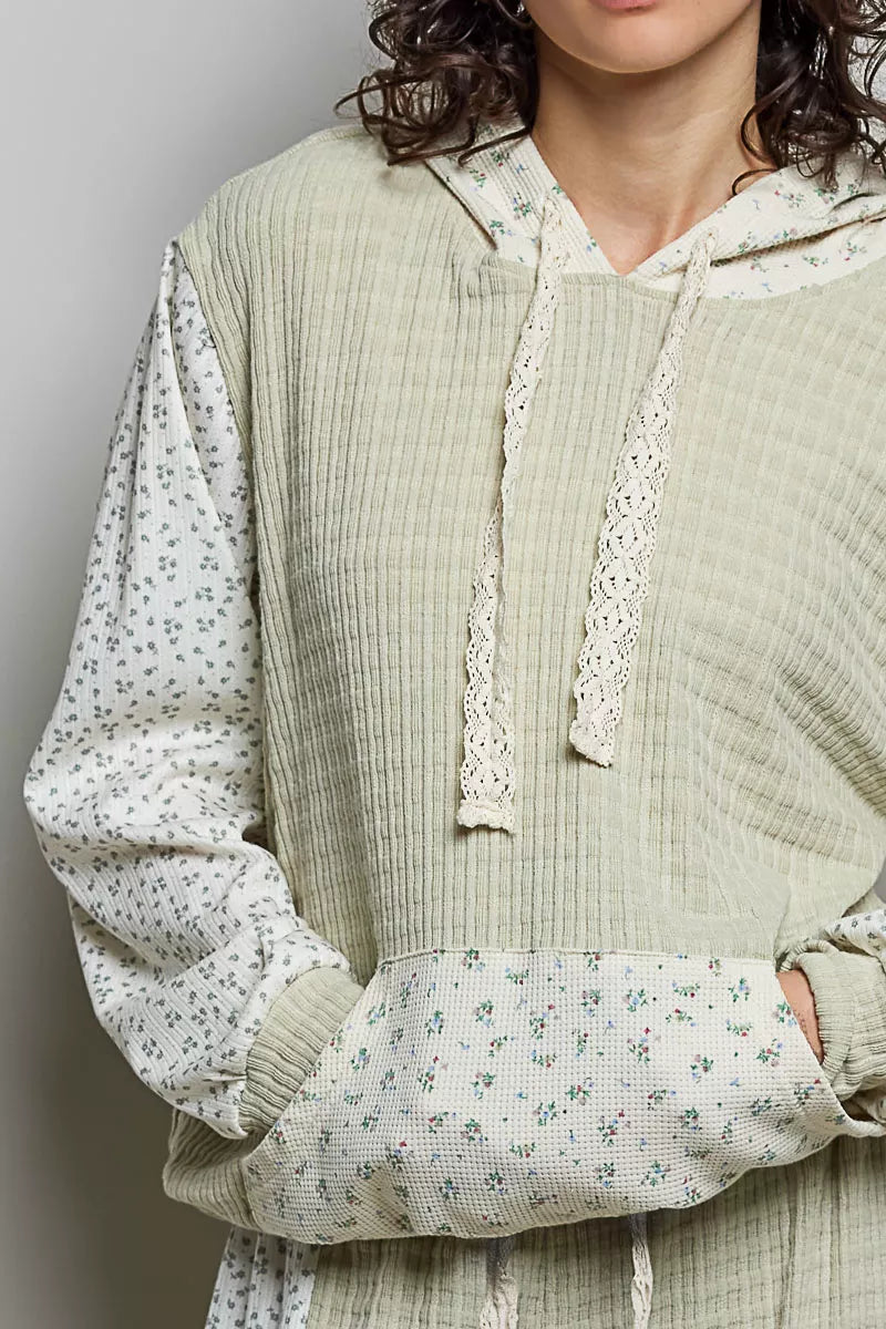 POL Sage Mixed Knit Contrast Print Sleeve Hoodie with Kangaroo Pocket
