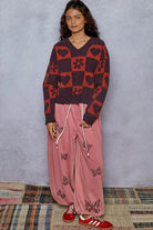 POL Burgundy V-Neck Heart Pattern Checkered Sweater