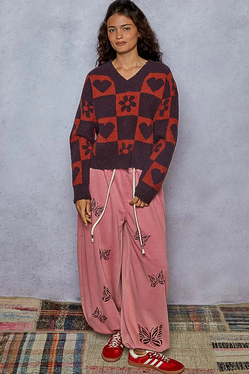 POL Burgundy V-Neck Heart Pattern Checkered Sweater